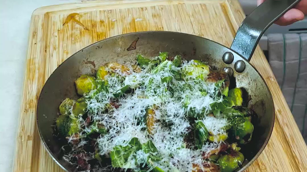 Pan Roasted Brussel Sprouts with Bacon & Parmesan Cheese